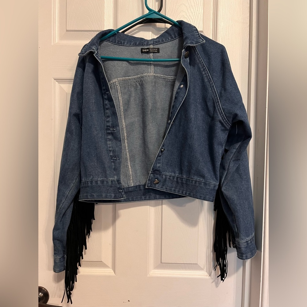 SHEIN black fringe jean jacket size xs